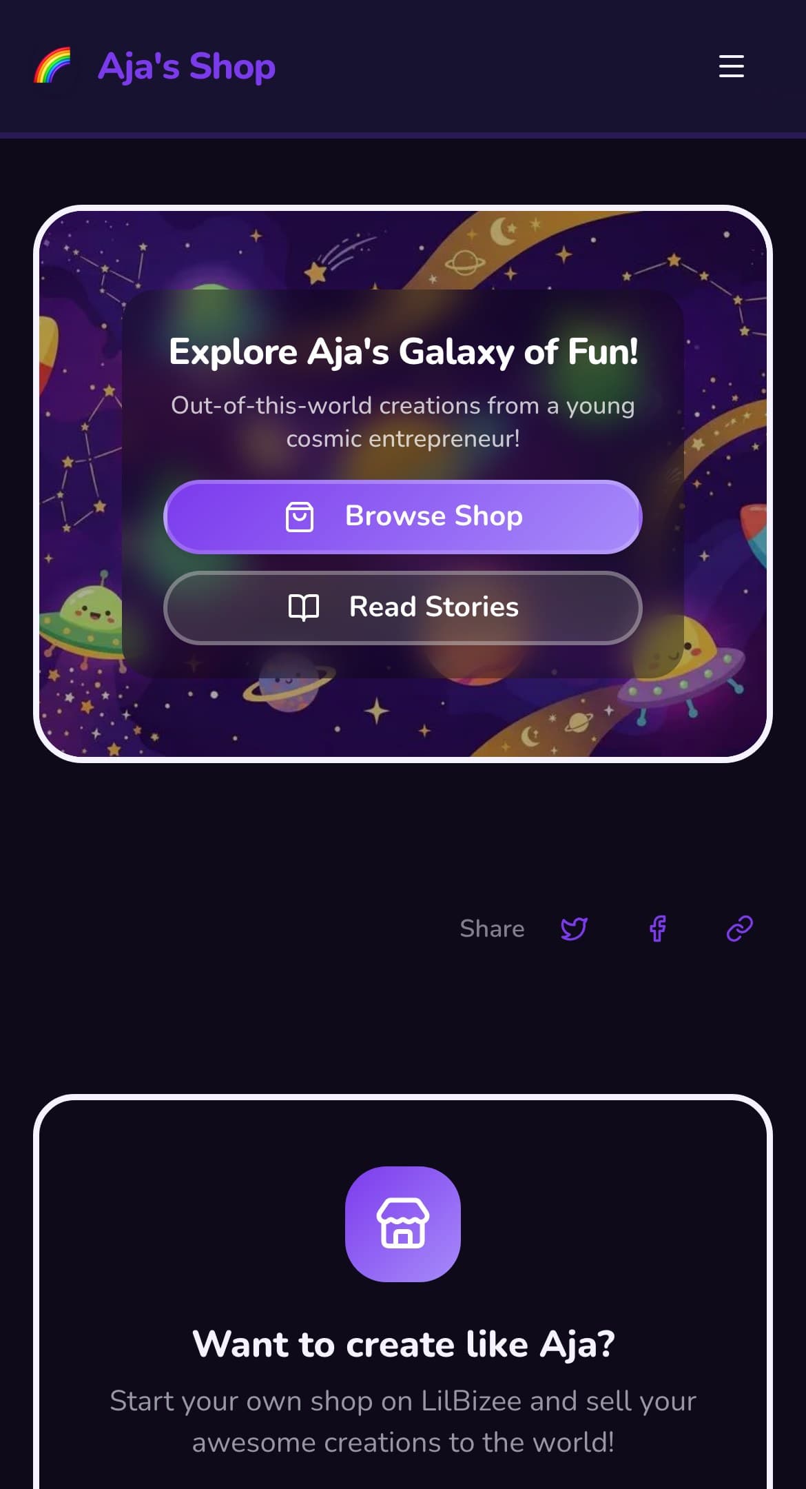 Aja's live shop, a real kid storefront on LilBizee