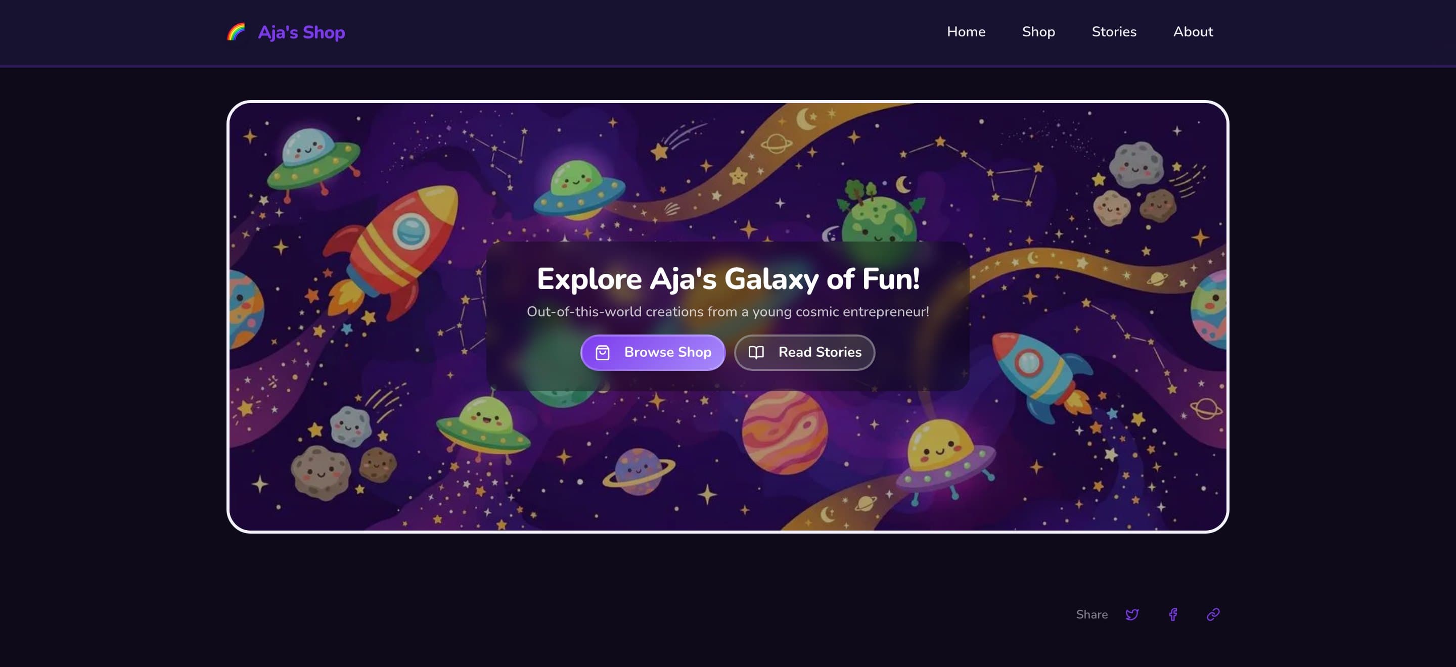 Aja's space-themed storefront on LilBizee