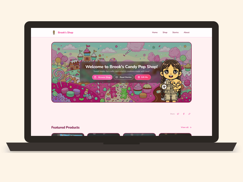 A real kid's storefront — Brook's Candy Pop Shop — shown on a laptop screen