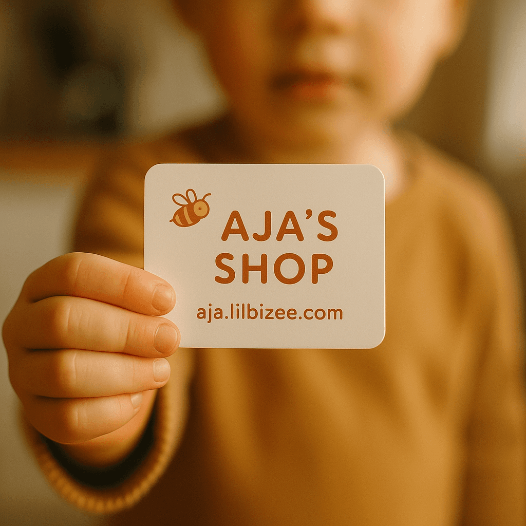 A child's hand offering a LilBizee business card with their shop URL